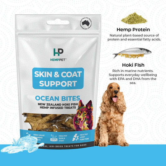 Skin & Coat Support | New Zealand Hoki Fish Hemp Infused Treats for Dogs | 70g